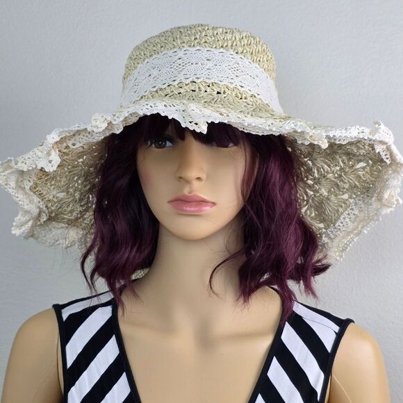 🔸️⏭️NWT Cream Wide Brim Ruffled Lace Straw Hat - Picture 3 of 13